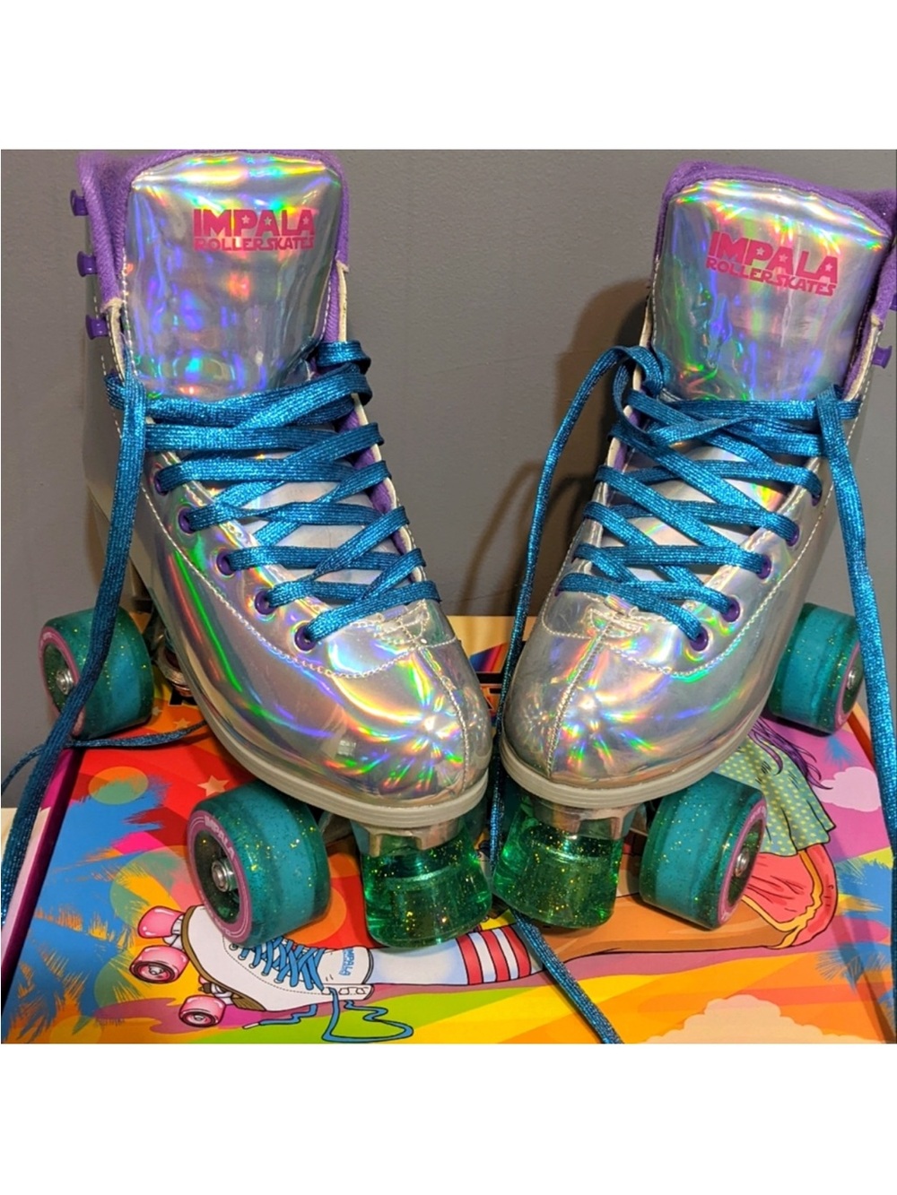 Impala Holographic /  Roller Skates in Silver with Blue Laces and Teal Wheel